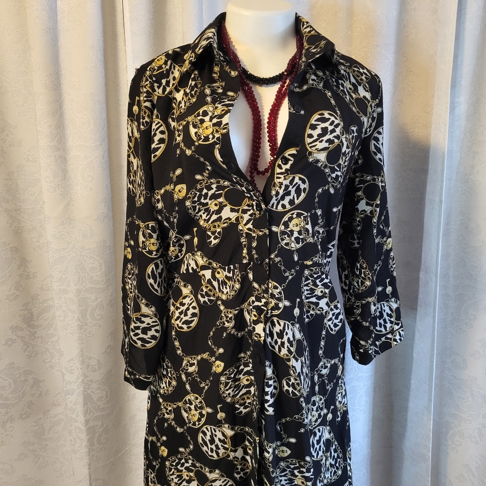 Lemise Womens Chain Print, Shirt Dress , Size M, Black, Multicolor